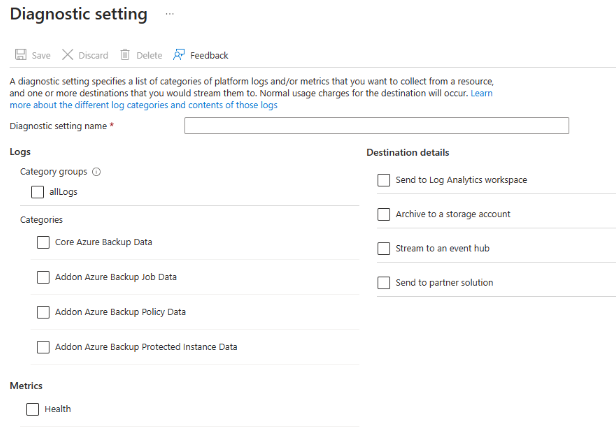 Captura de tela mostrando as configurações de diagnóstico do cofre de backup.