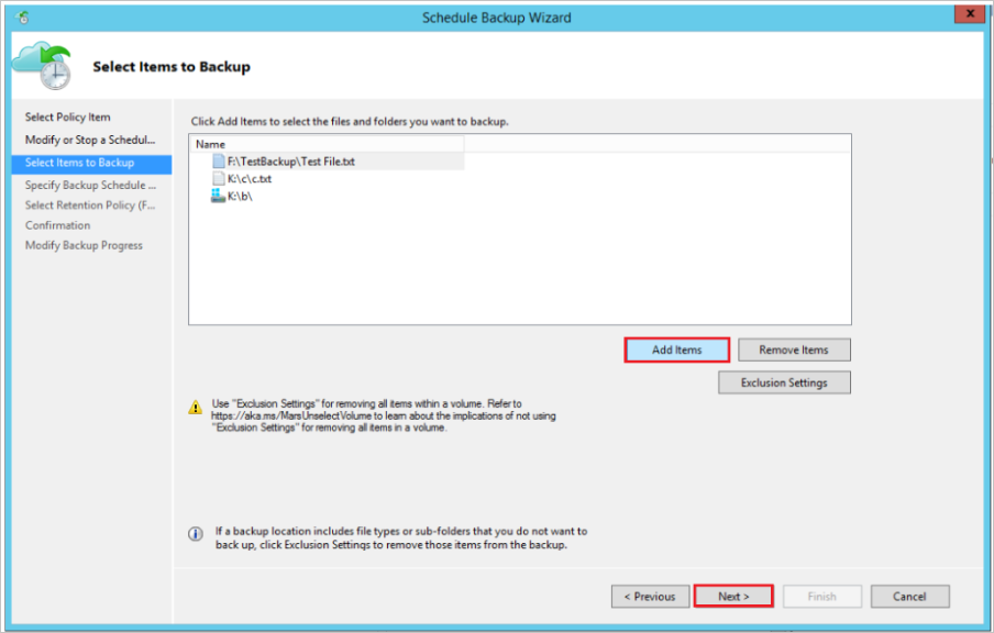 Captura de tela que mostra como modificar ou agendar a adição de itens de backup.