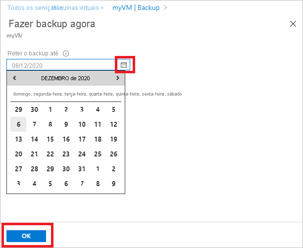 Captura de tela mostrando o calendário da opção Fazer backup agora.