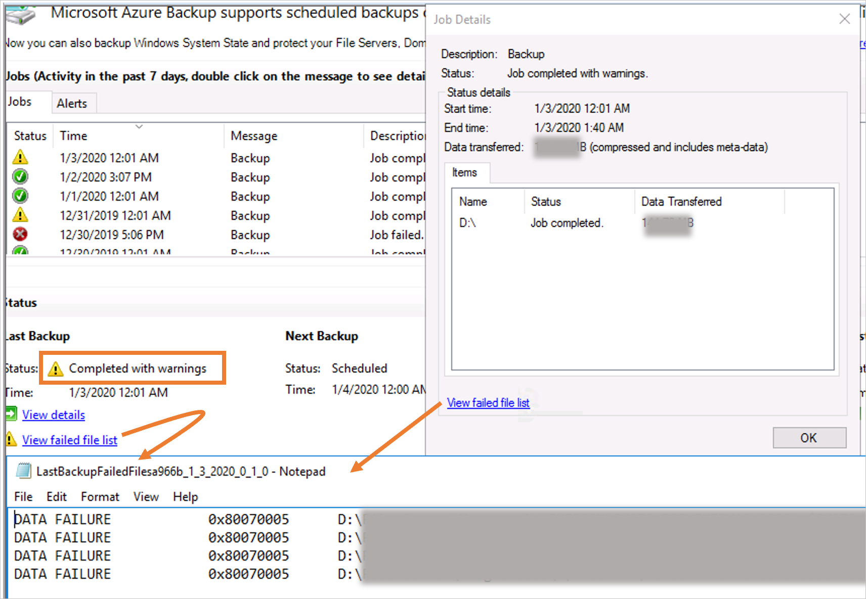 Trabalho de backup concluído com avisos