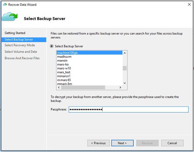 Captura de tela da página Selecionar Servidor de Backup do Assistente de Recuperação de Dados (restaurar em computador alternativo)