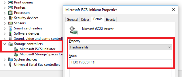 Captura de tela do Gerenciador de Dispositivos do Backup do Azure, com controladores de Armazenamento realçados