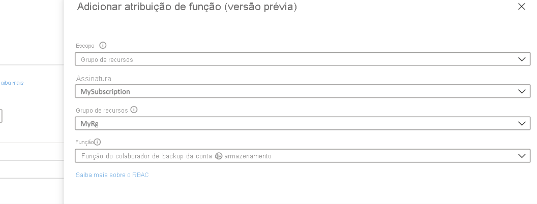 Selecionar a função de Colaborador de backup da conta de armazenamento