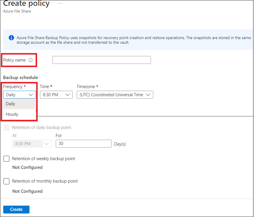 Captura de tela que mostra os tipos de frequência para backups.