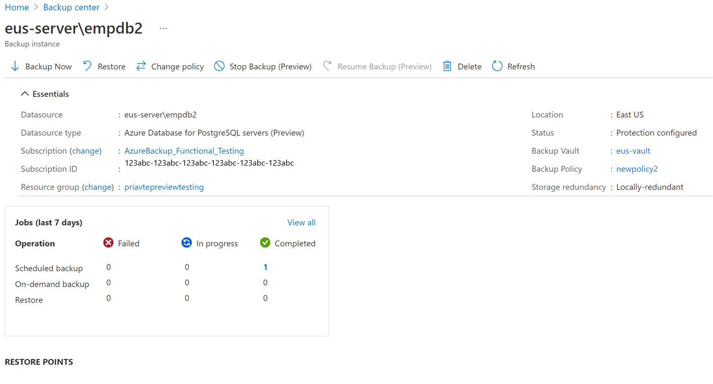 Captura de tela que mostra a seleção da instância de backup do servidor do Banco de Dados do Azure para PostgreSQL a ser interrompida.