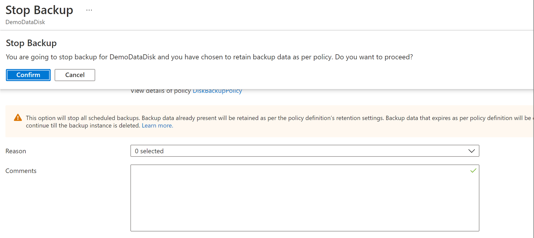 Captura de tela mostrando as opções para a retenção da instância de backup de disco a ser selecionada.