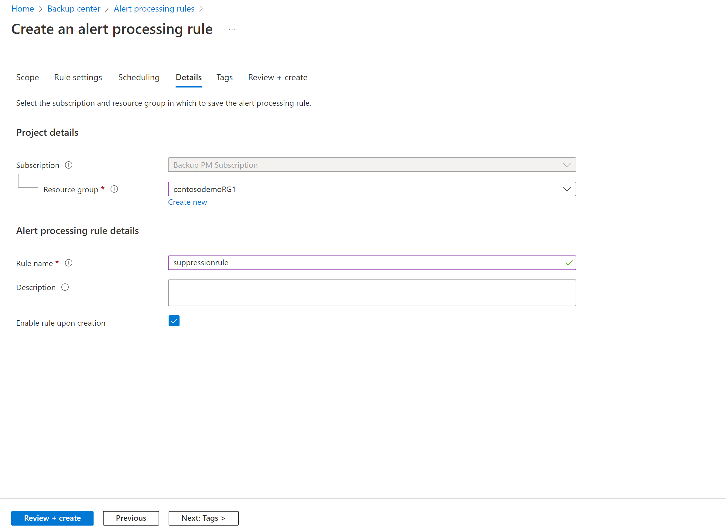 Captura de tela mostrando os detalhes das regras de processamento de alertas.