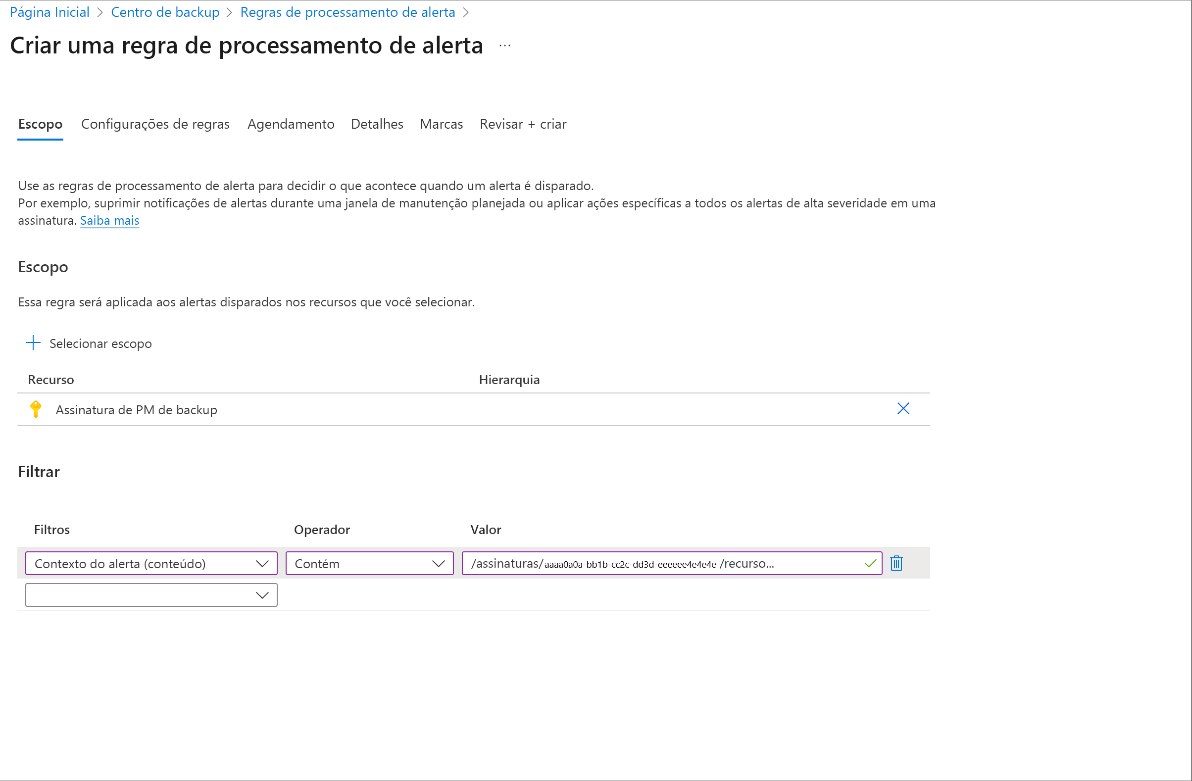 Captura de tela mostrando o escopo especificado da regra de processamento de alertas.