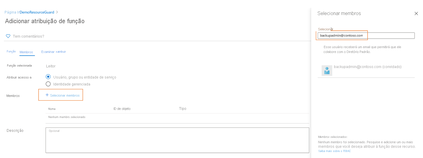 Captura de tela que mostra a escolha de membros da Proteção de Recursos de demonstração.