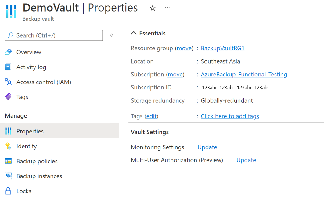 Captura de tela que mostra as propriedades do cofre do Backup.