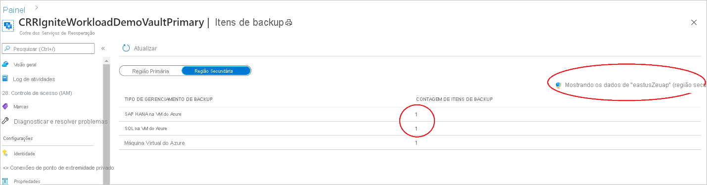 Captura de tela que mostra os itens de backup na região secundária