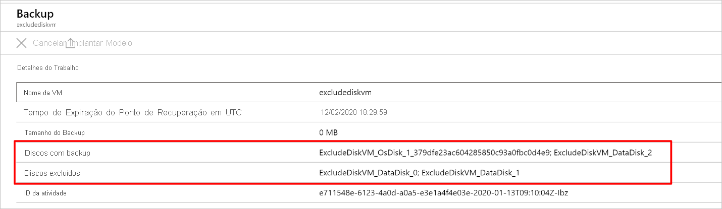 Exibir discos incluídos e excluídos do painel de detalhes de trabalho