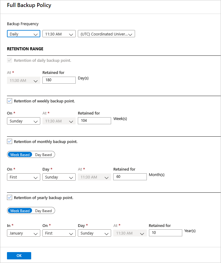 Selecionar uma frequência de backup