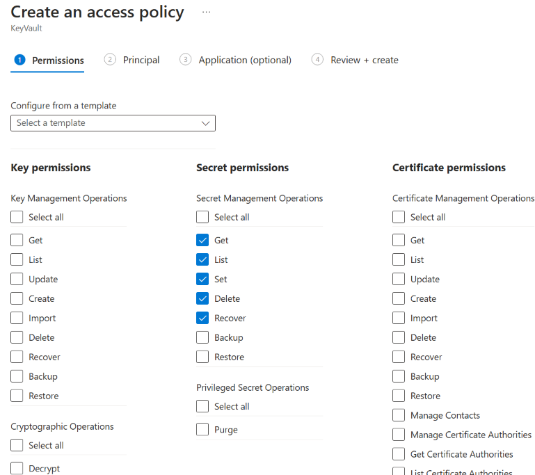 Captura de tela das seleções Permissões de segredo para o Lote do Azure