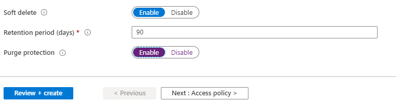 Capatura de tela da criação da tela do Azure Key Vault.