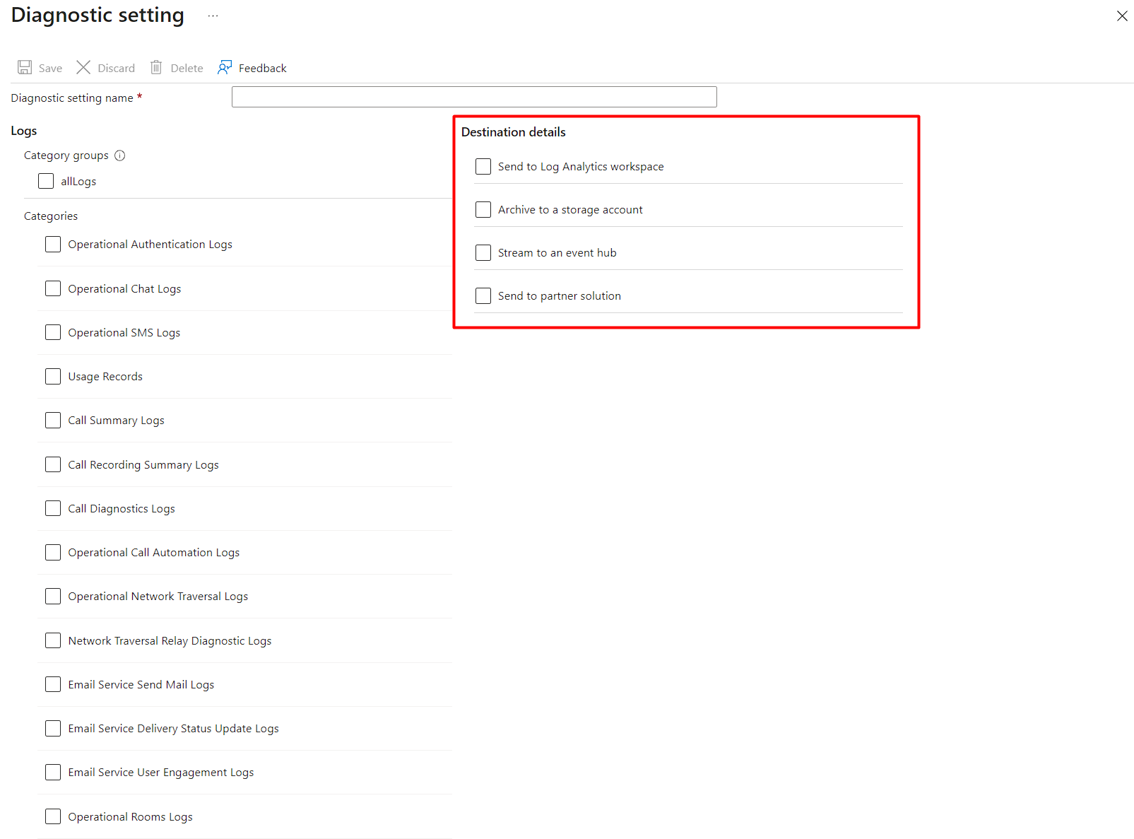 Detalhes do Destino de Configurações de Diagnóstico