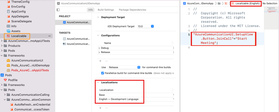 Captura de tela que mostra um projeto de configuração do iOS.