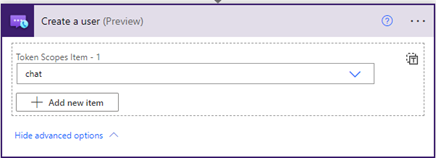 Captura de tela que mostra o conector de Chat dos Serviços de Comunicação do Azure, opções avançadas.