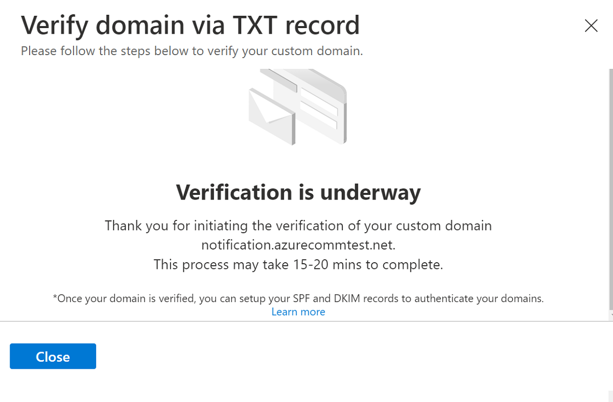 Captura de tela que mostra que a verificação do domínio está em andamento.