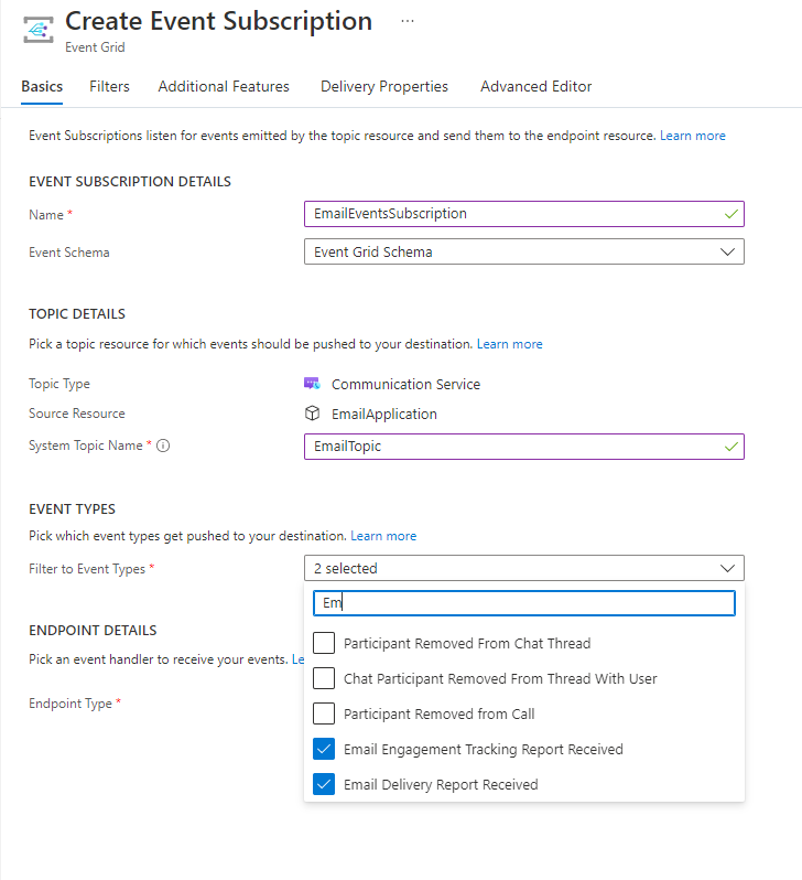 Captura de tela que mostra a caixa de diálogo Criar Assinatura de Evento. Em Tipos de Evento, estão selecionadas as opções Relatório de entrega de email recebido e Relatório de acompanhamento de interação com email recebido.