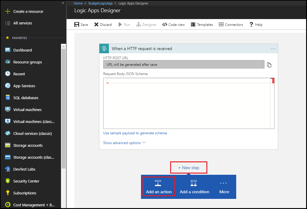 Captura de tela mostrando Nova etapa – adicionar uma ação.