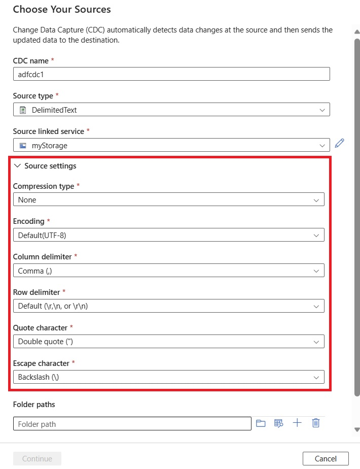 Captura de tela das configurações de origem avançadas para definir delimitadores.