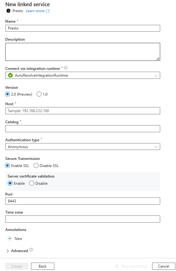 Captura de tela da configuração do serviço vinculado para Presto.