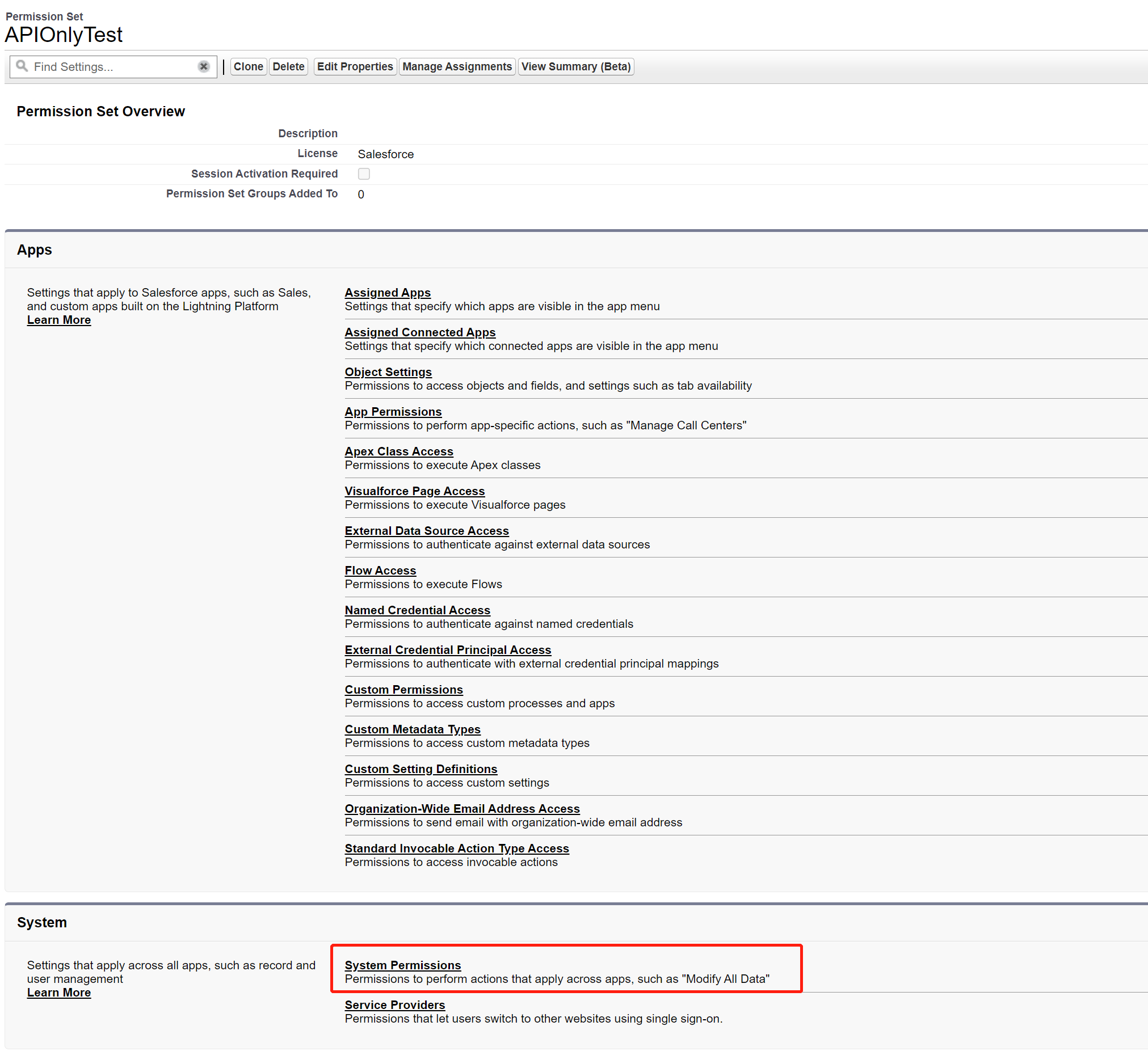 Captura de tela da configuração de permissões do sistema.