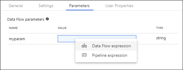 Captura de tela mostra a guia parâmetros com a expressão de Fluxo de Dados selecionada para o valor de myparam.