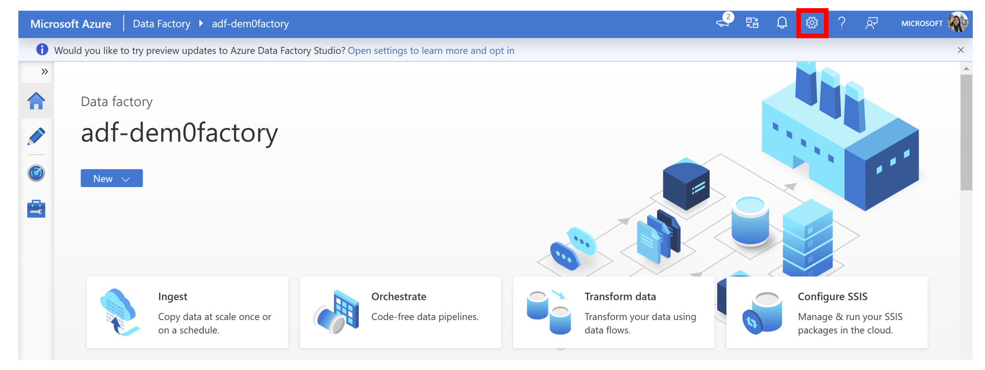 Captura de tela da engrenagem de configurações no canto superior direito da faixa da página.