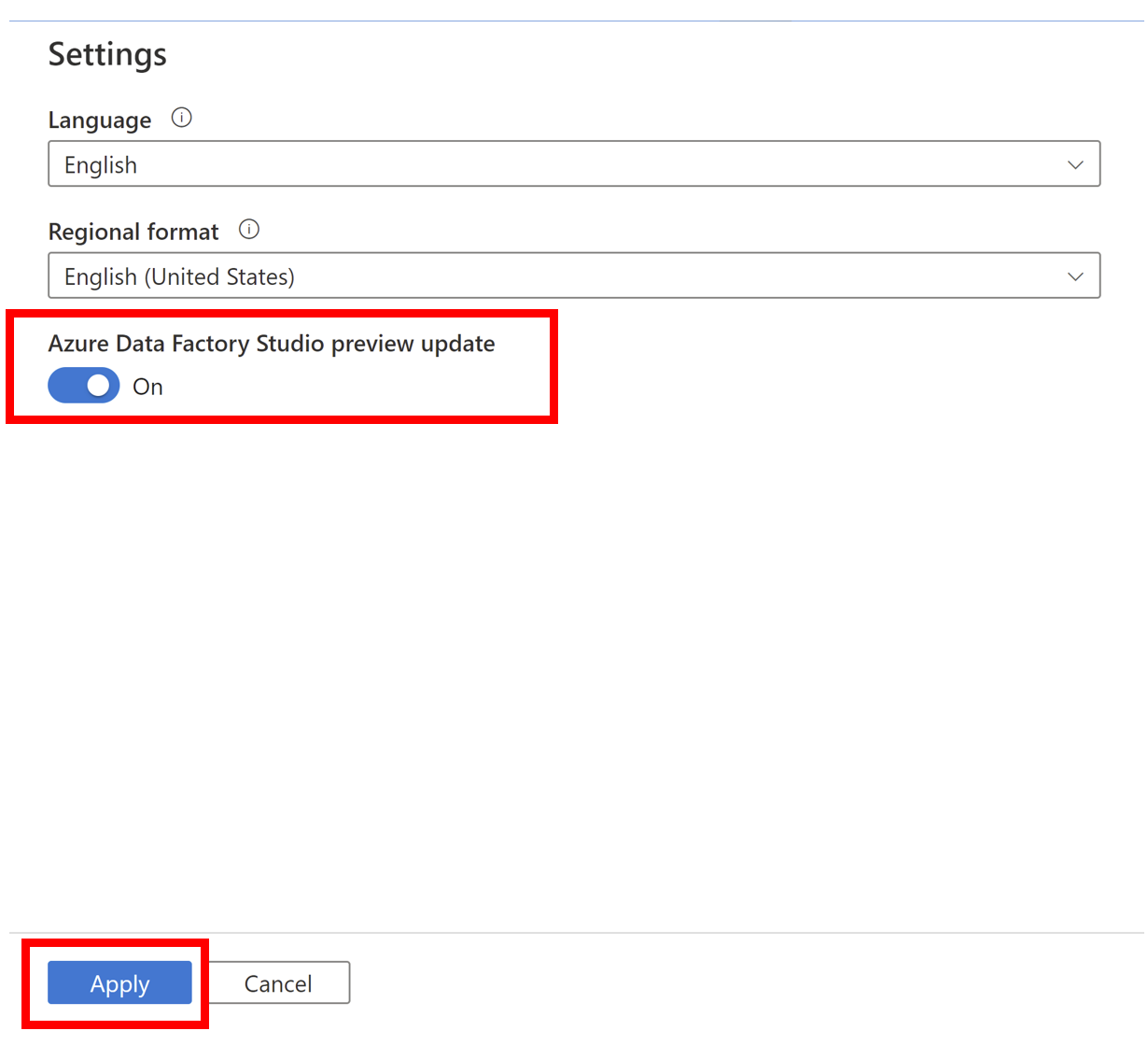 Captura de tela do painel Configurações mostrando a atualização de versão prévia do Estúdio do Azure Data Factory ativada e o botão Aplicar no canto inferior esquerdo.