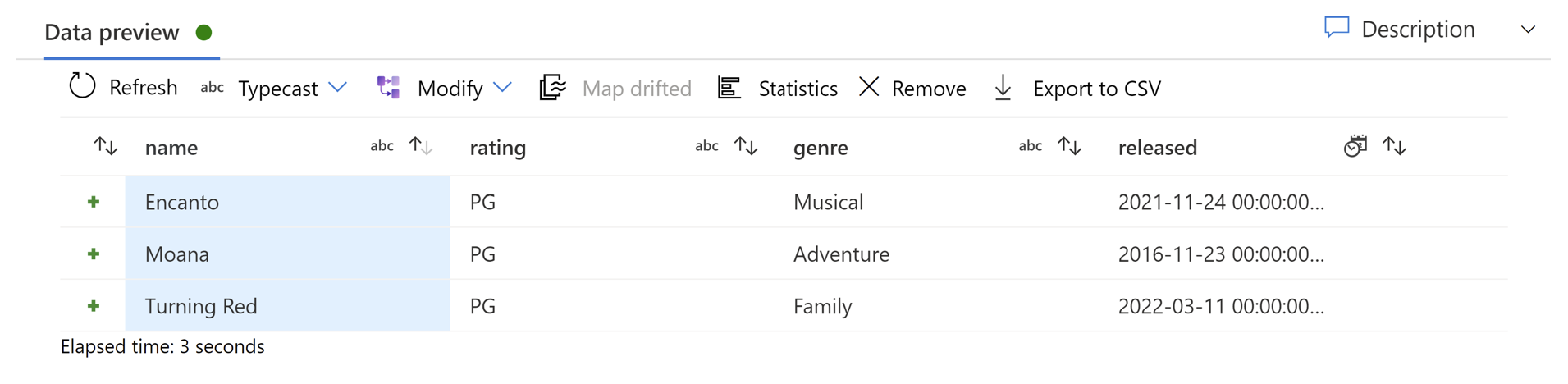 Captura de tela do painel de configuração com apenas uma guia de visualização de Dados.