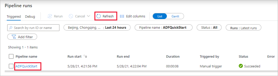 Captura de tela que mostra o botão de atualização de pipeline.