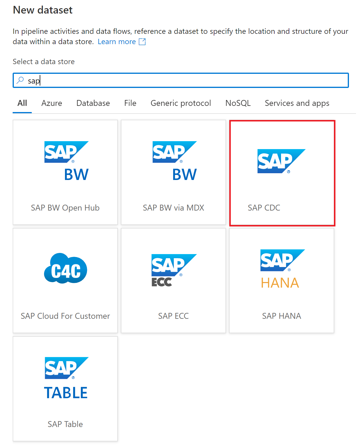 Captura de tela do tipo de conjunto de dados de CDA da SAP na caixa de diálogo Novo conjunto de dados.