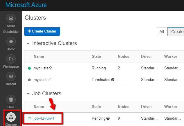 Captura de tela que mostra como exibir o cluster de trabalho e o trabalho.