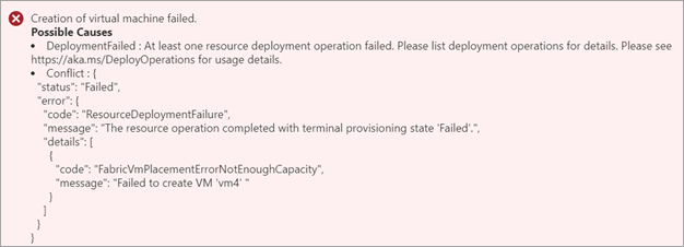 Captura de tela do erro exibido no portal do Azure quando a criação da VM falha em um dispositivo Azure Stack Edge.