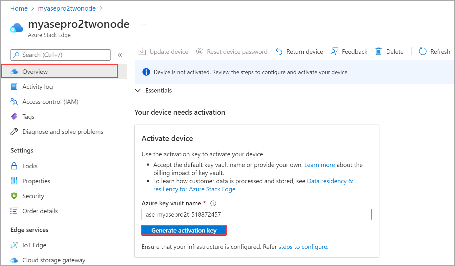 Captura de tela do painel Visão Geral de um recurso recém-criado do Azure Stack Edge.  O botão Gerar chave de ativação é realçado.