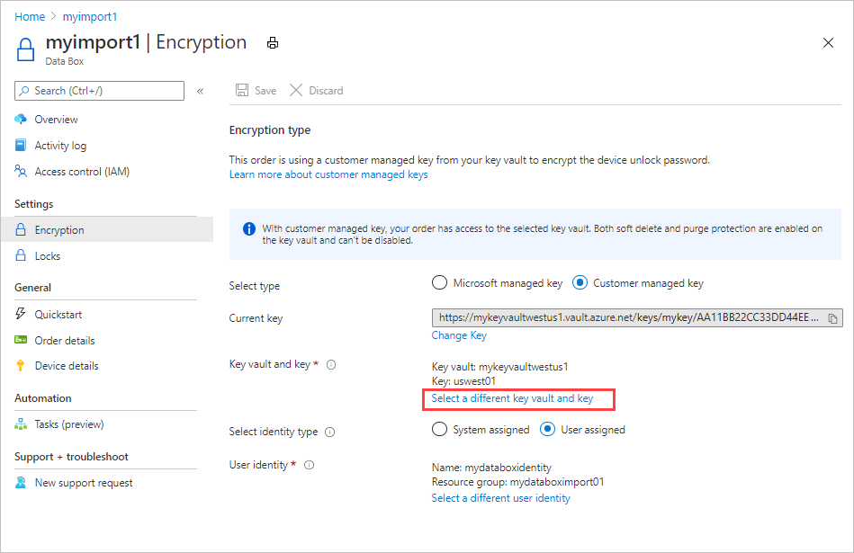 Tela de visão geral de um pedido de Data Box, selecione uma chave diferente e a opção Key Vault