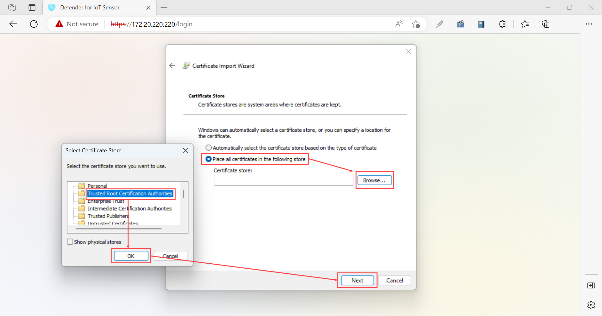 Captura de tela do repositório de certificados, onde você pode navegar até a pasta raiz de confiança.