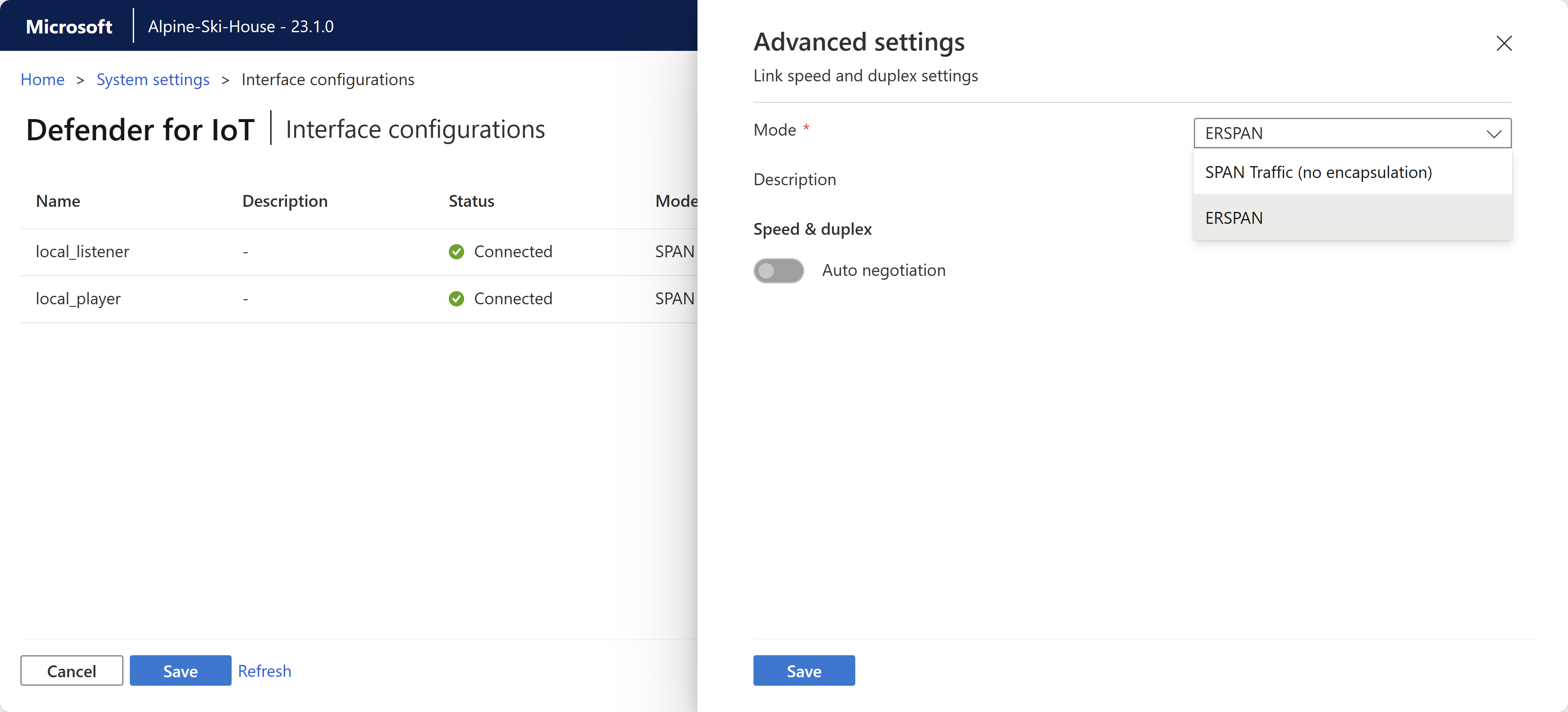 Captura de tela de como configurar o ERSPAN na página de configurações de interface.