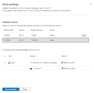 Captura de tela do painel de atualização do sensor com a opção para escolher a versão de atualização do sensor.