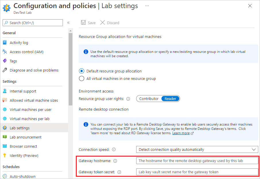 Captura de tela das opções de área de trabalho remota nas configurações do Laboratório.