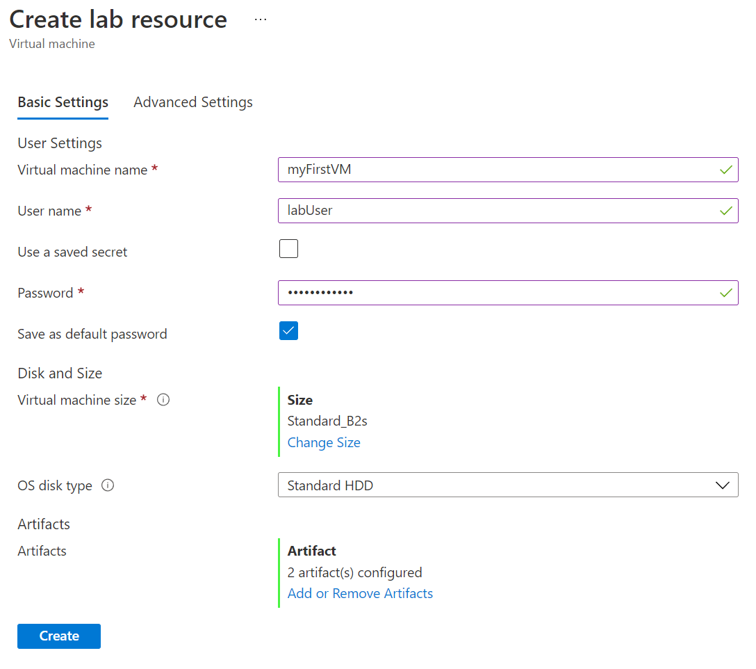 Página de configurações básicas da máquina virtual.