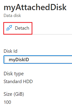 Captura de tela mostrando Desanexar na página Disco de dados.