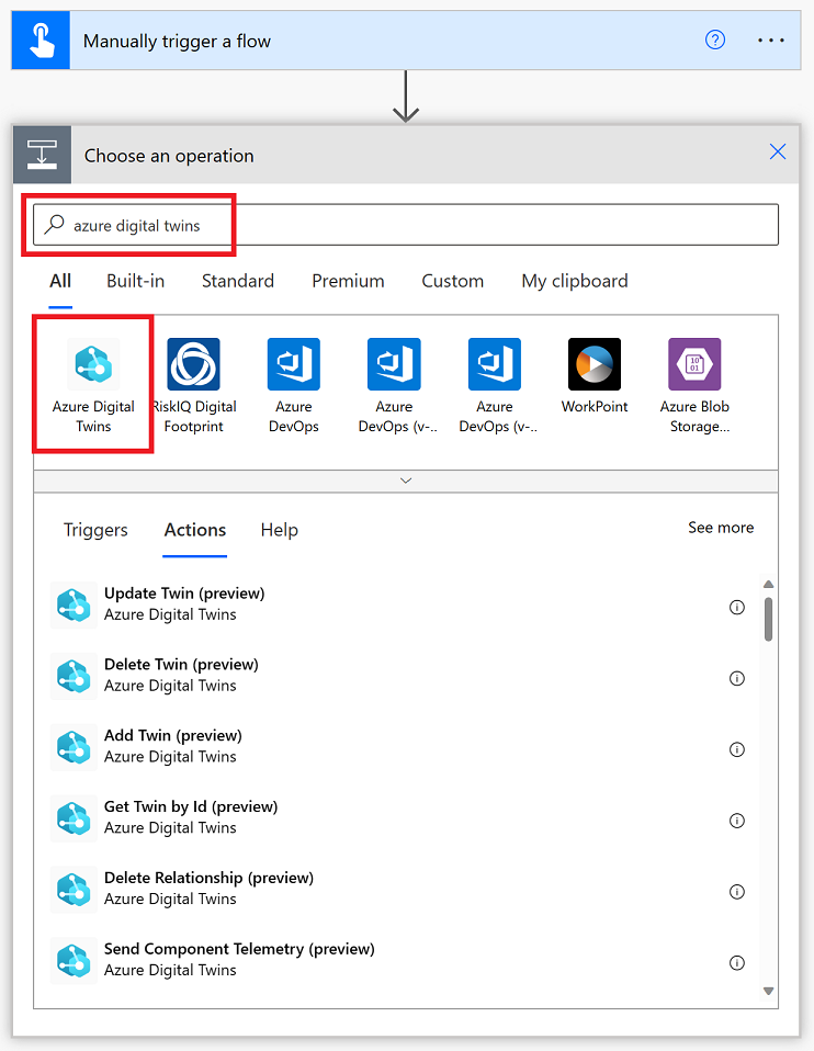 Captura de tela do Power Automate mostrando o conector dos Gêmeos Digitais do Azure em um novo fluxo.