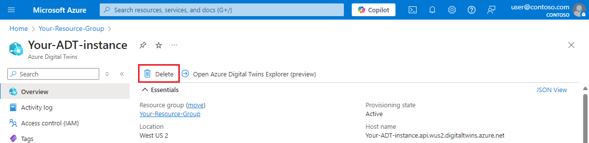 Captura de tela da página Visão geral de uma instância dos Gêmeos Digitais do Azure no portal do Azure. O botão Excluir está realçado.