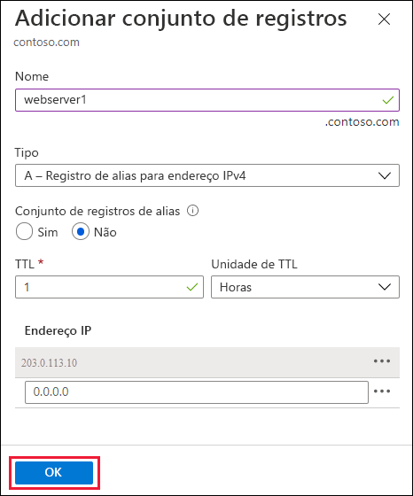 Captura de tela da página de conjunto de registros do IP público.