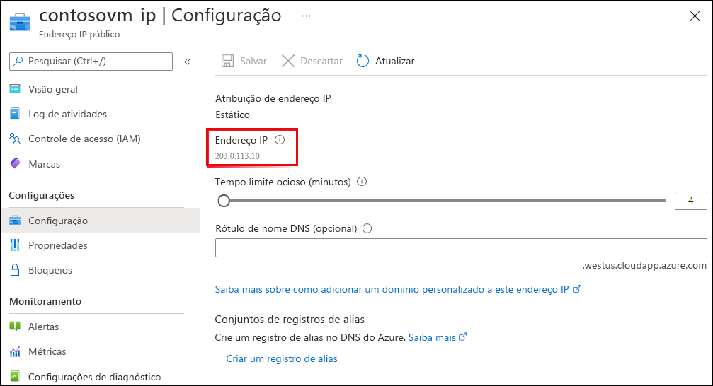 Captura de tela da página de configuração de IP público.