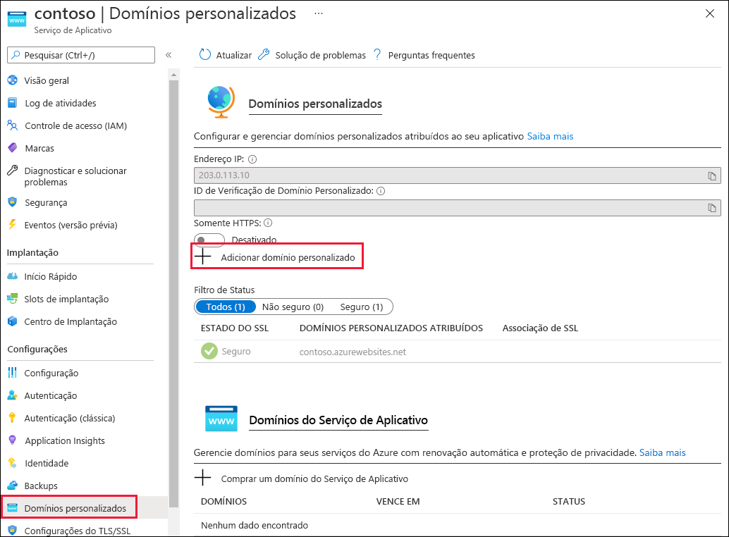 Captura de tela do botão adicionar domínio personalizado para o aplicativo Web.