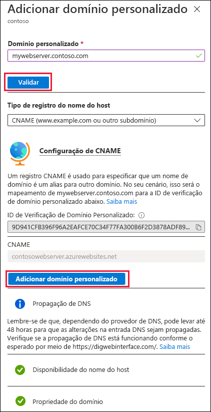 Captura de tela da página adicionar domínio personalizado para o aplicativo Web.